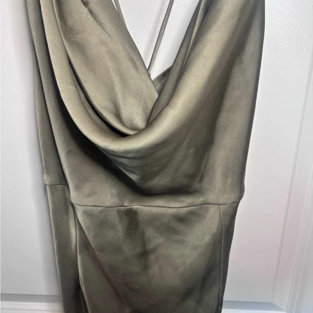 SHOWPO Nylah Cowl Neck Double Strap Asymmetrical Dark Olive Satin Dress - Picture 3 of 6